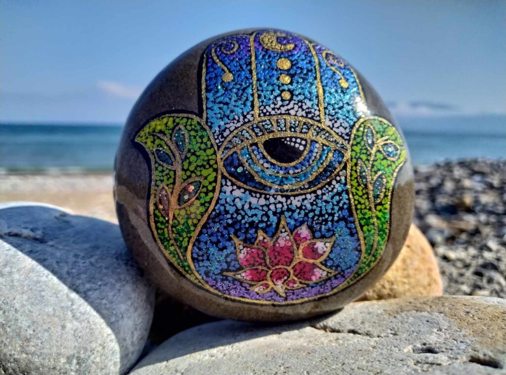 Hamsa painted sea stone from kissamos