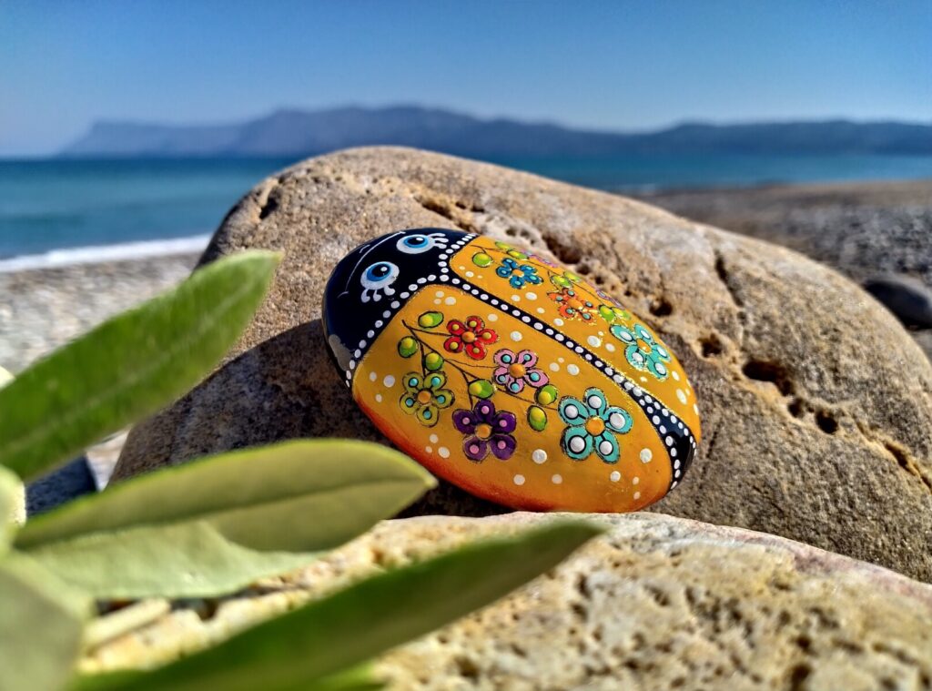 colorful ladybug painted on rock