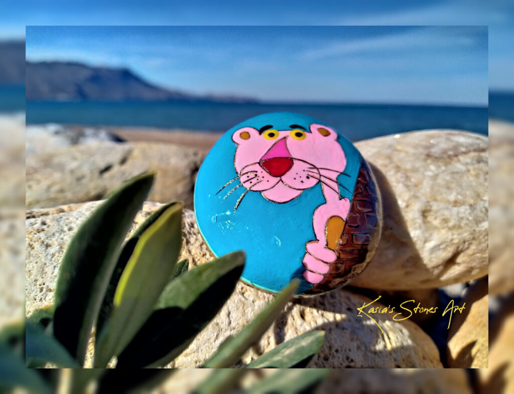 Pink panther painted rock