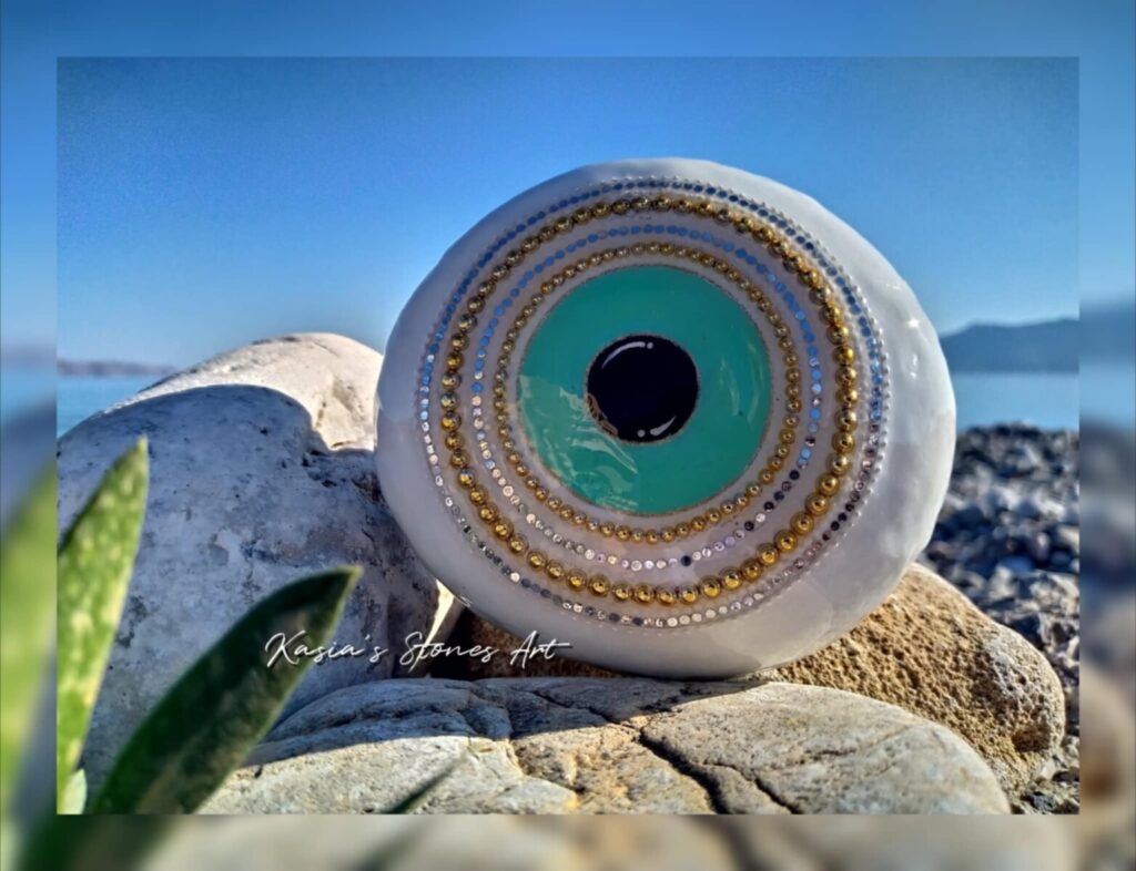 Handmade sea stone evil eye with jewels